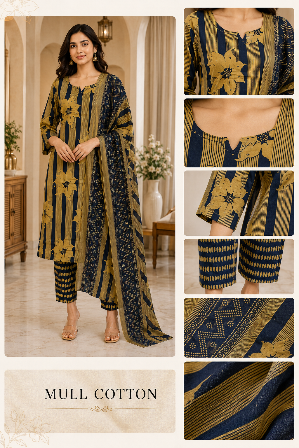 Navy Blue Mull Cotton Straight Kurti 3-Piece Set with Pant & Dupatta
