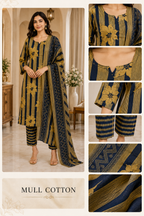 Navy Blue Mull Cotton Straight Kurti 3-Piece Set with Pant & Dupatta