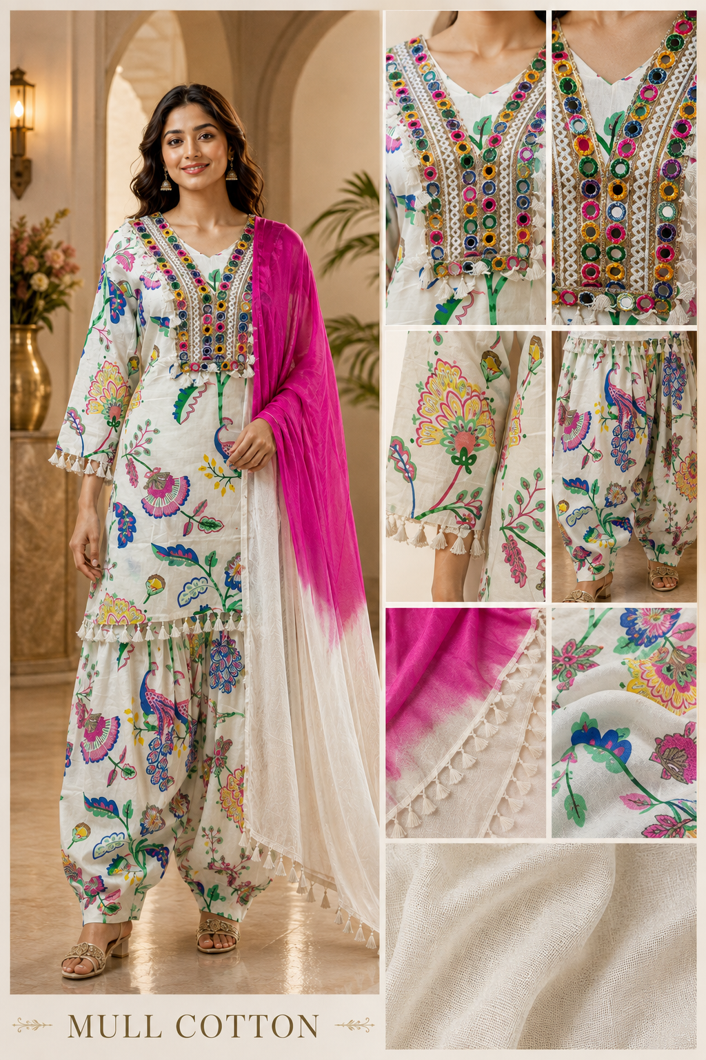 Ivory Mull Cotton Straight-Cut Kurti 3-Piece Set with Pant & Dupatta