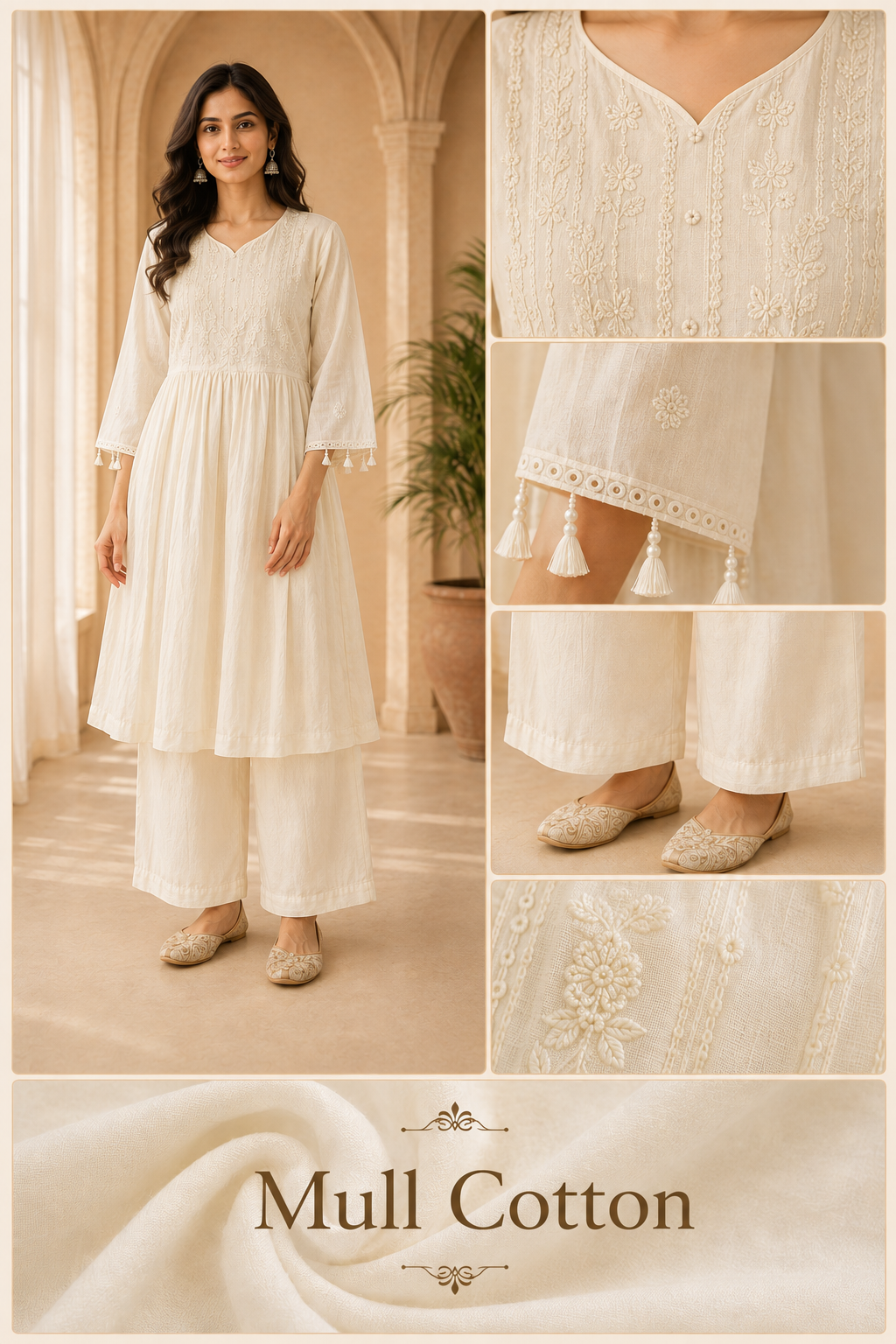 Ivory Cotton Mull 2-Piece Designer Set with Hand Work Embroidery
