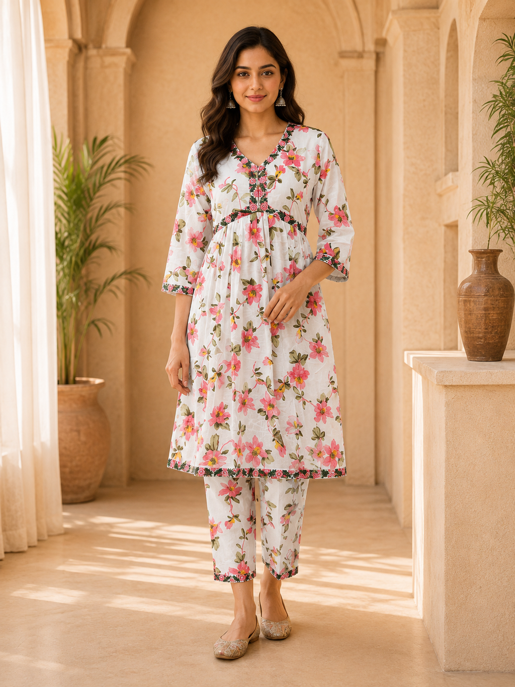 White Floral Mull Cotton 2-Piece Co-Ord Set with Hand Work Embroidery