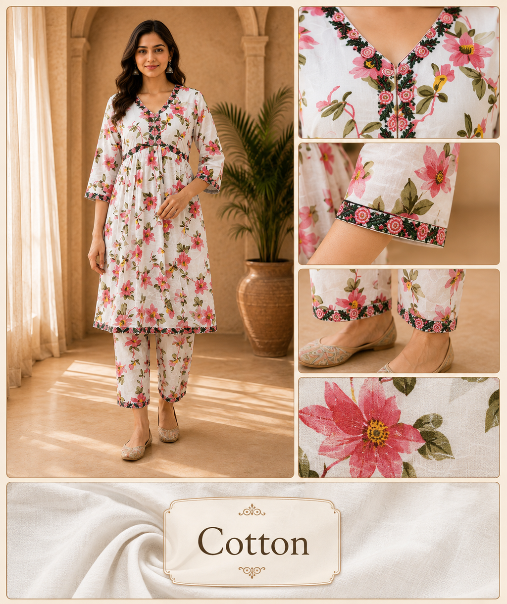 White Floral Mull Cotton 2-Piece Co-Ord Set with Hand Work Embroidery