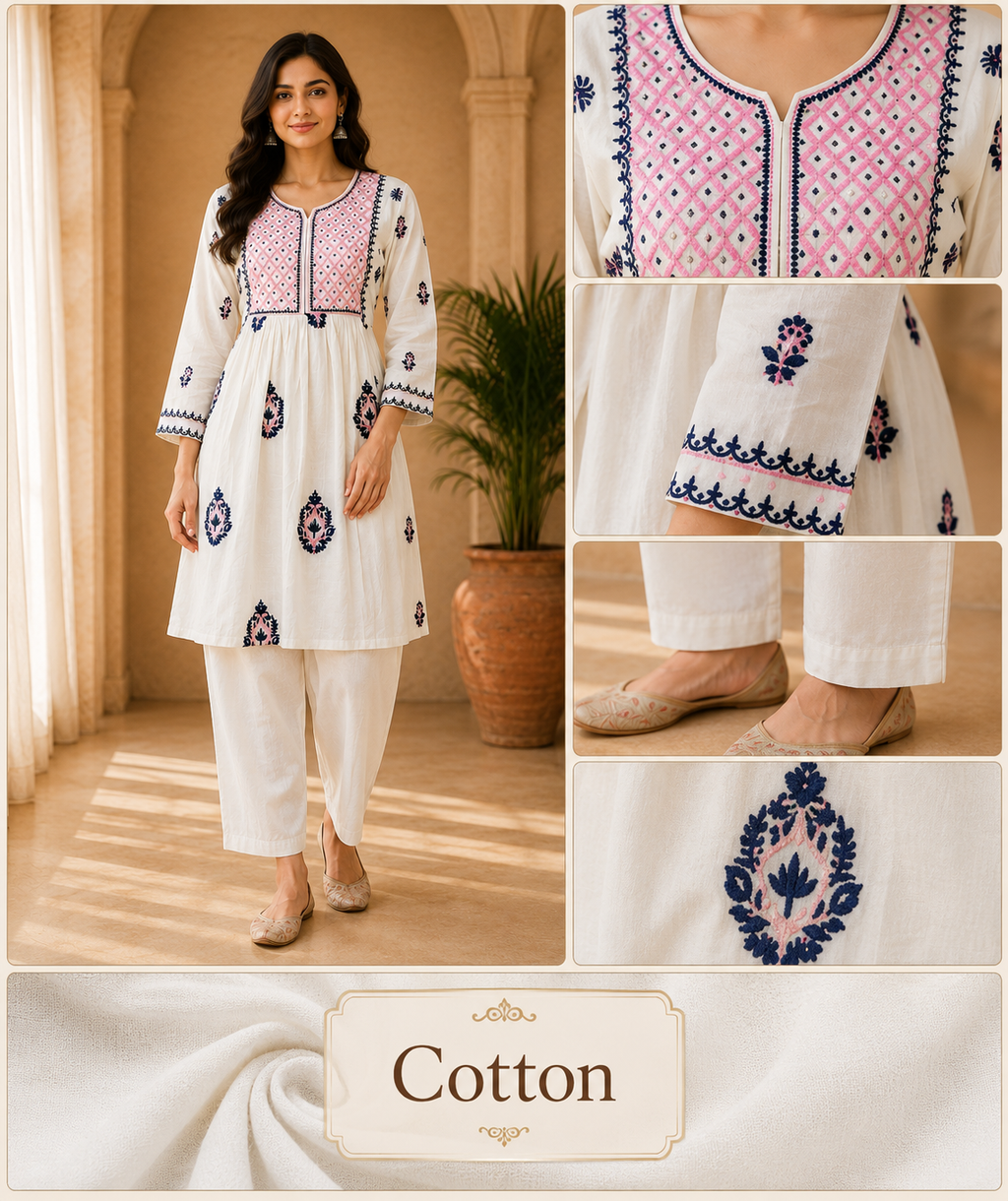 Ivory White Mull Cotton Hand Work Embroidered 2-Piece Co-Ord Set