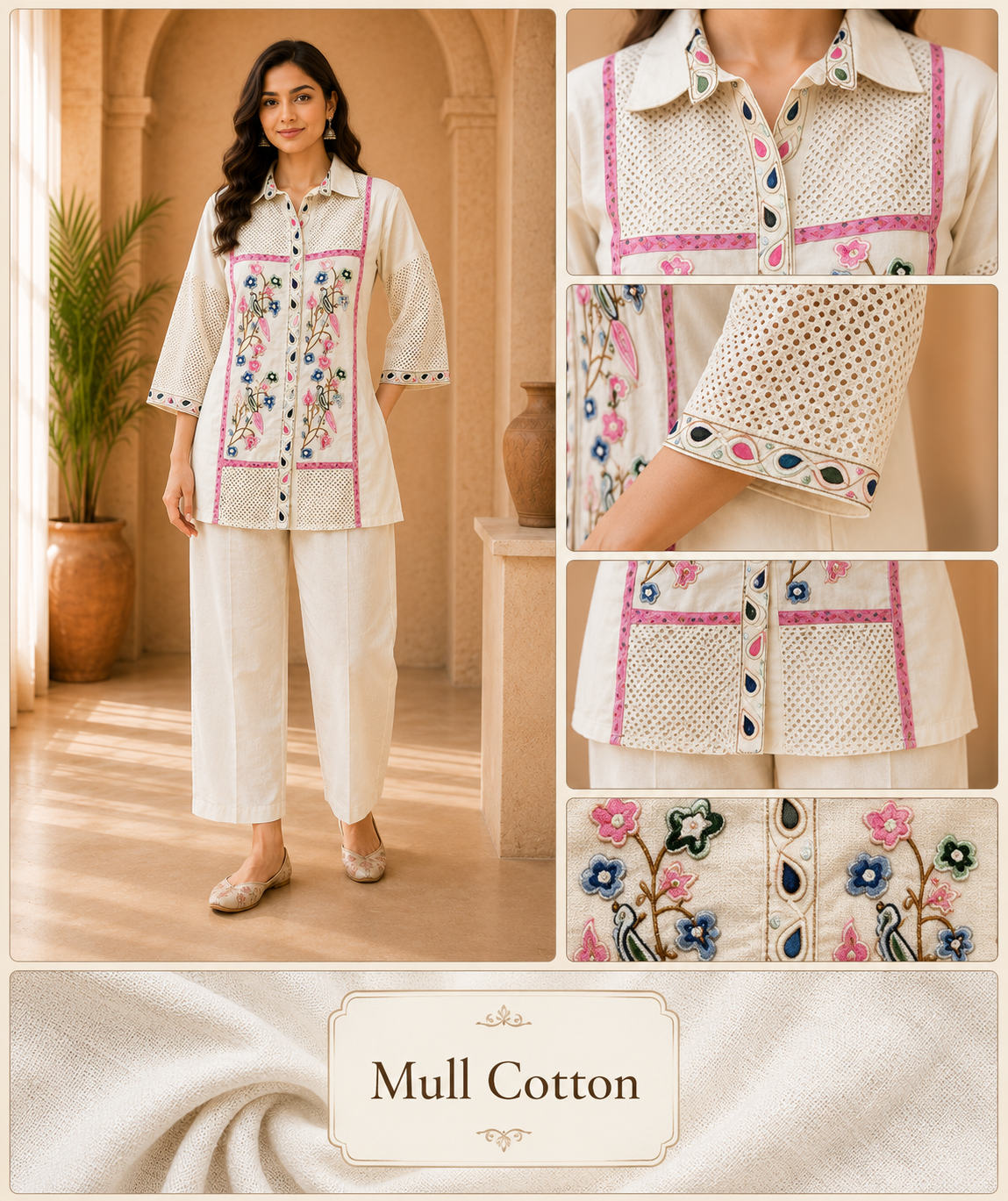 Ivory Mull Cotton Embroidered 2-Piece Co-ord Set
