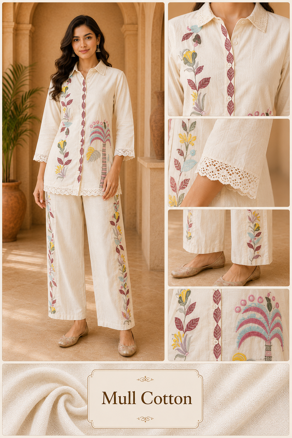 Ivory Mull Cotton Embroidered 2-Piece Co-Ord Set