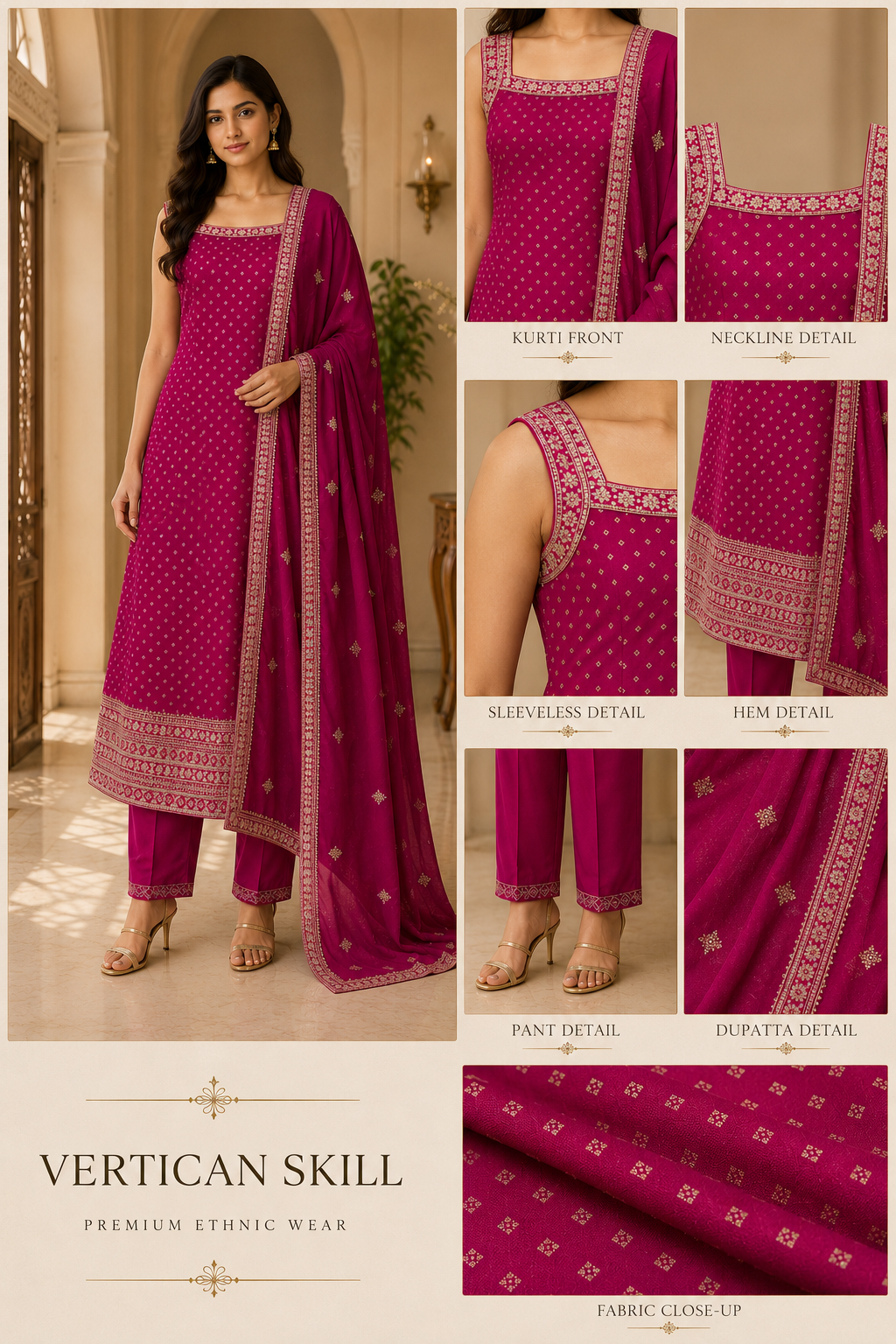 Deep Magenta Vertican Skill Sleeveless 3-Piece Kurti Set with Pant & Dupatta