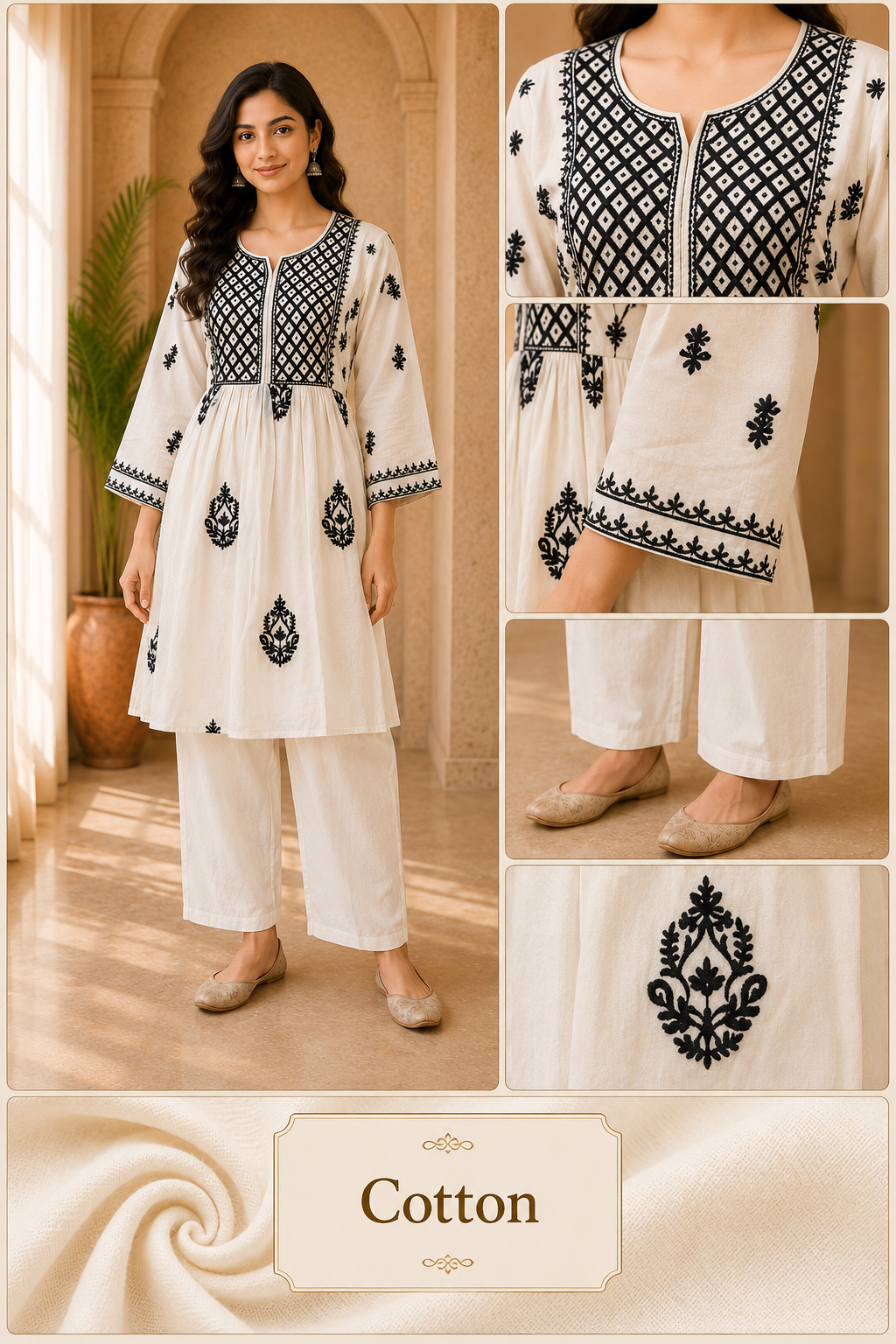Ivory Mull Cotton Hand Work Embroidered 2-Piece Co-Ord Set