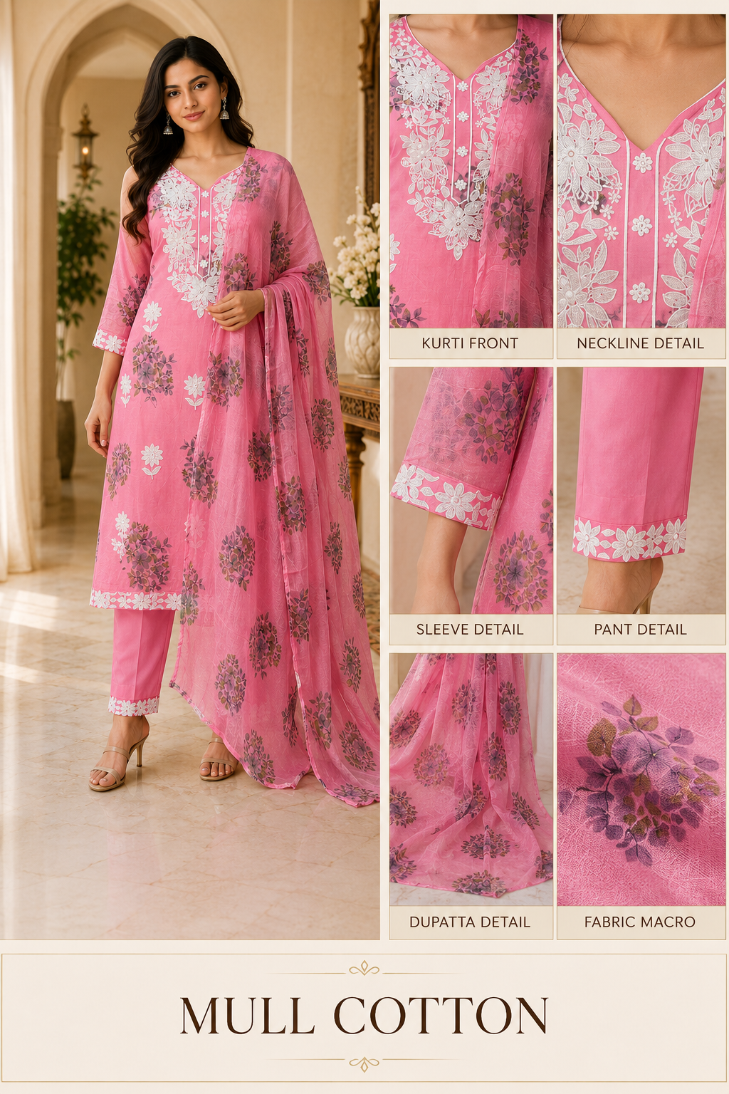 Pink Mull Cotton Round Kurti 3-Piece Set with Pant & Dupatta