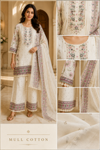 Ivory Mull Cotton Straight Kurti 3-Piece Set with Pant & Dupatta