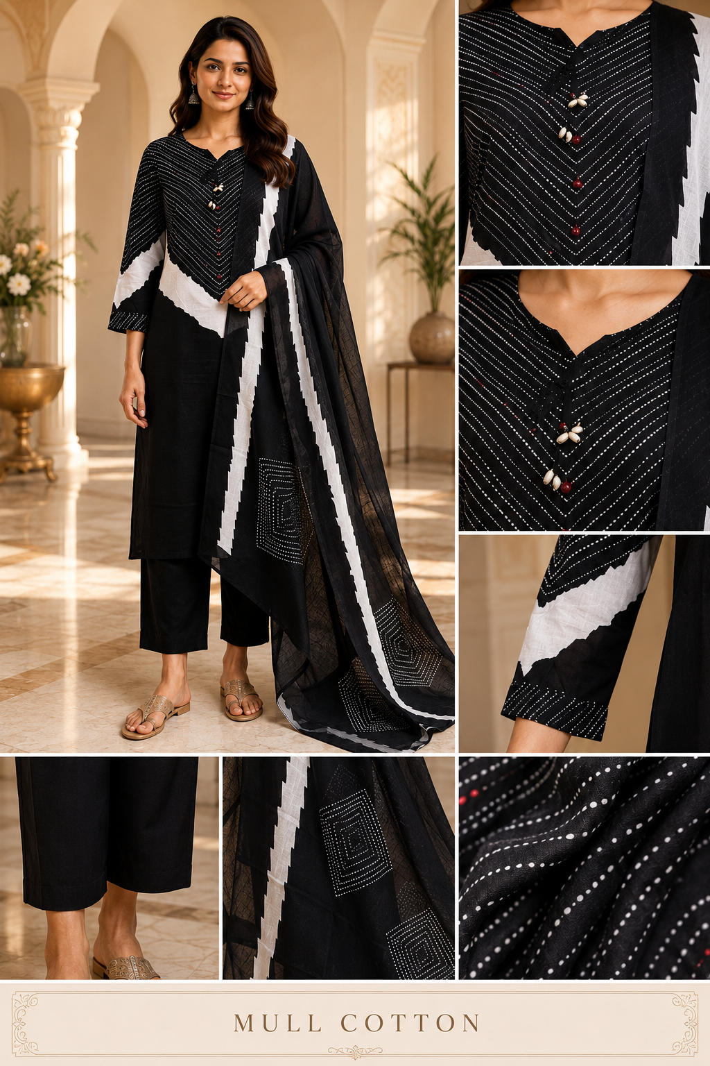 Black Mull Cotton A-Line Kurti 3-Piece Set with Pant & Dupatta