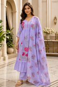 Lavender Mull Cotton A-Line Kurti 3-Piece Set with Pant & Dupatta