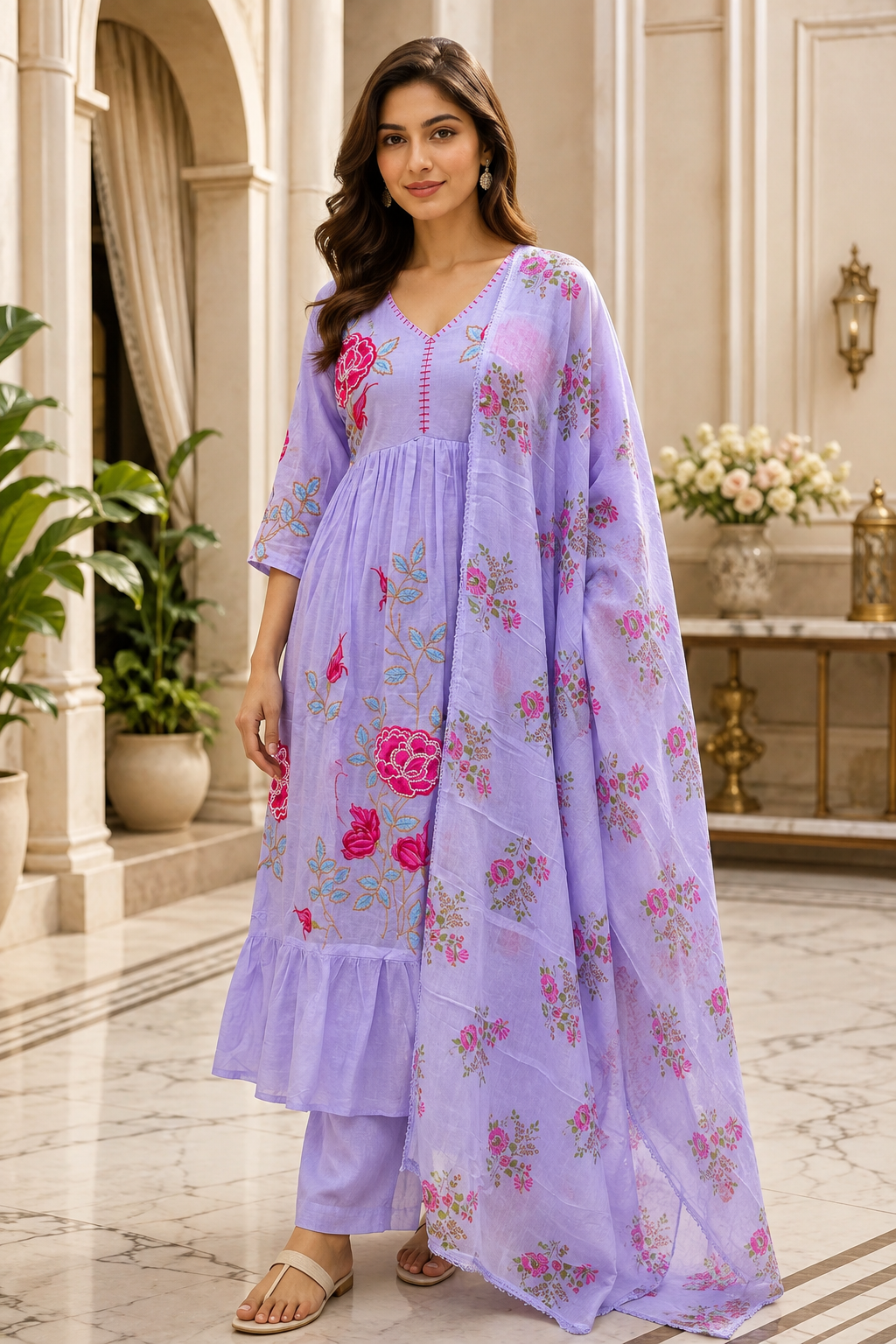 Lavender Mull Cotton A-Line Kurti 3-Piece Set with Pant & Dupatta