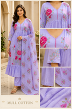 Lavender Mull Cotton A-Line Kurti 3-Piece Set with Pant & Dupatta