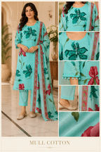 Turquoise Mull Cotton Straight Cut Kurti 3-Piece Set with Pant & Dupatta