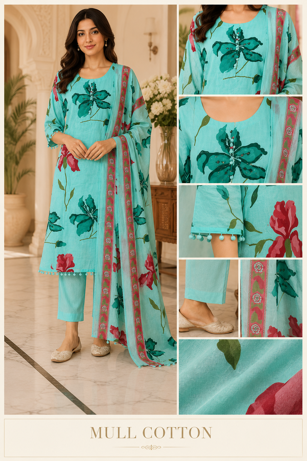 Turquoise Mull Cotton Straight Cut Kurti 3-Piece Set with Pant & Dupatta