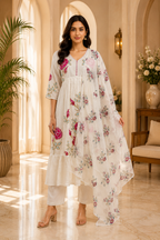 Off-White Cotton 3-Piece Set with Floral Embroidery &amp; Printed Dupatta