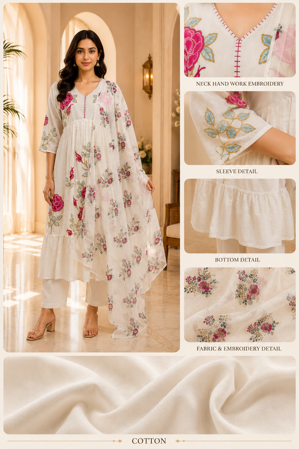 Off-White Cotton 3-Piece Set with Floral Embroidery &amp; Printed Dupatta