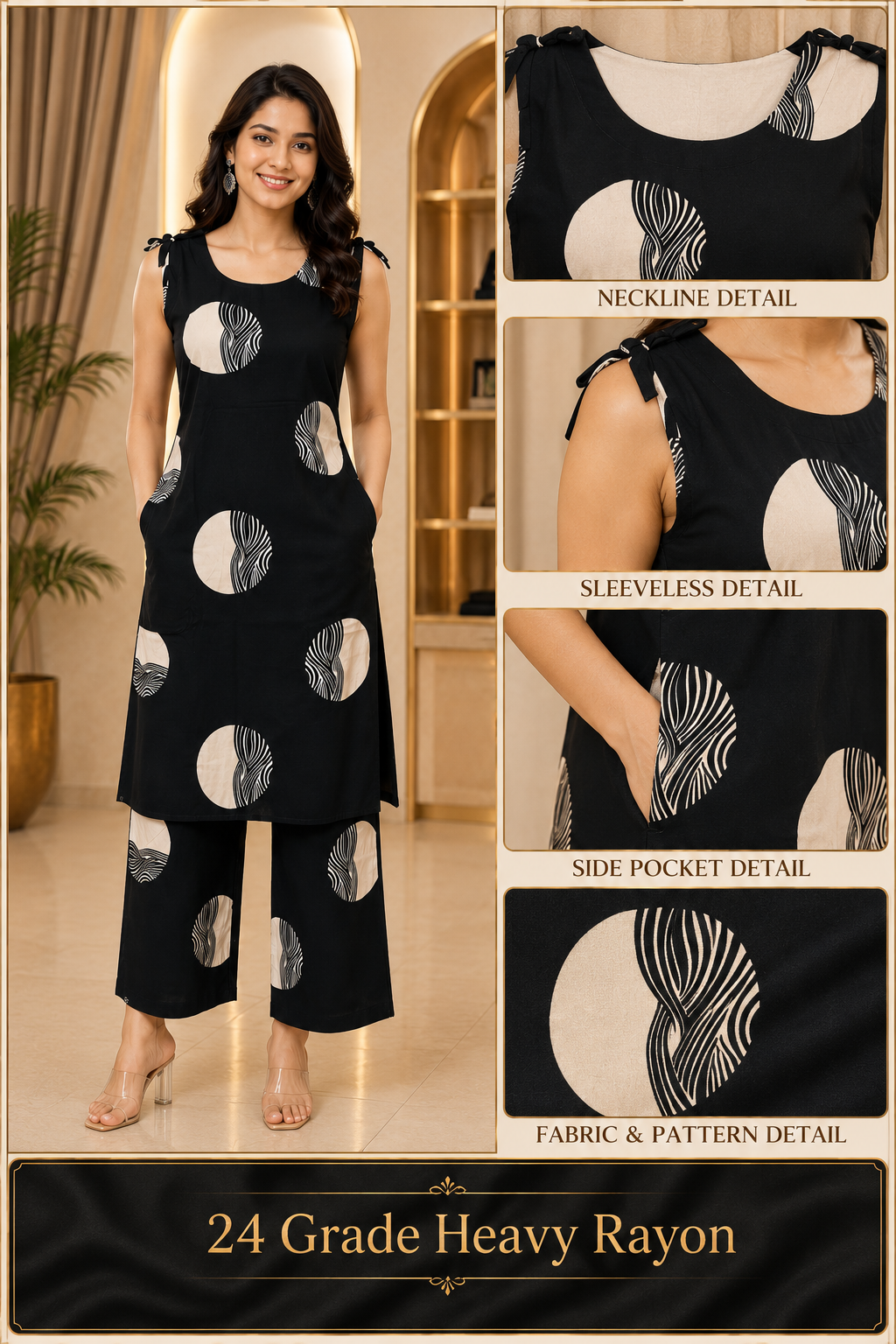 Black & Cream 24 Grade Heavy Rayon Sleeveless Co-ord Set
