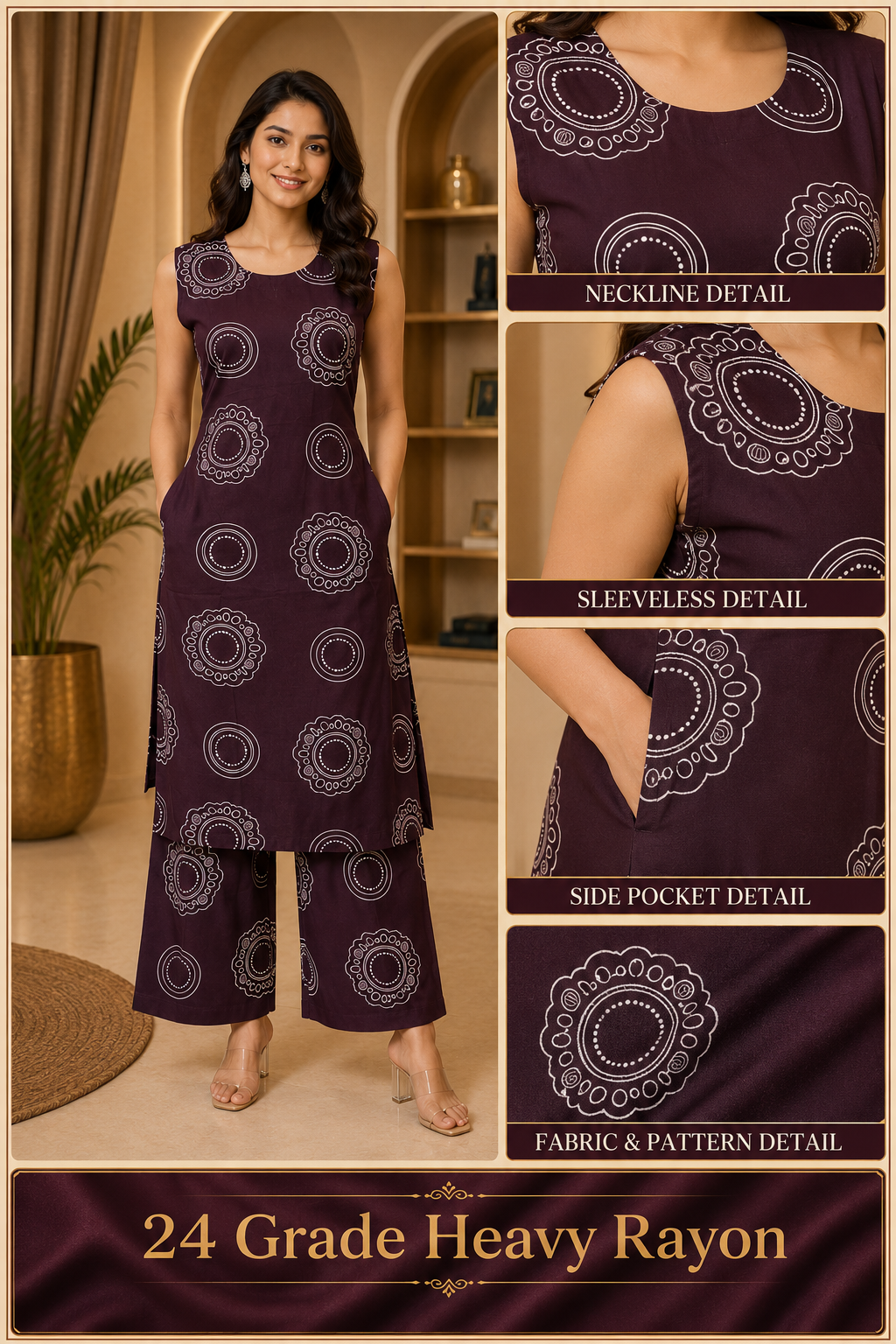 Deep Plum 24 Grade Heavy Rayon Sleeveless Co-ord Set