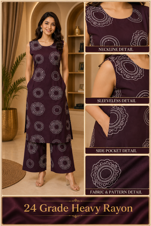 Deep Plum 24 Grade Heavy Rayon Sleeveless Co-ord Set