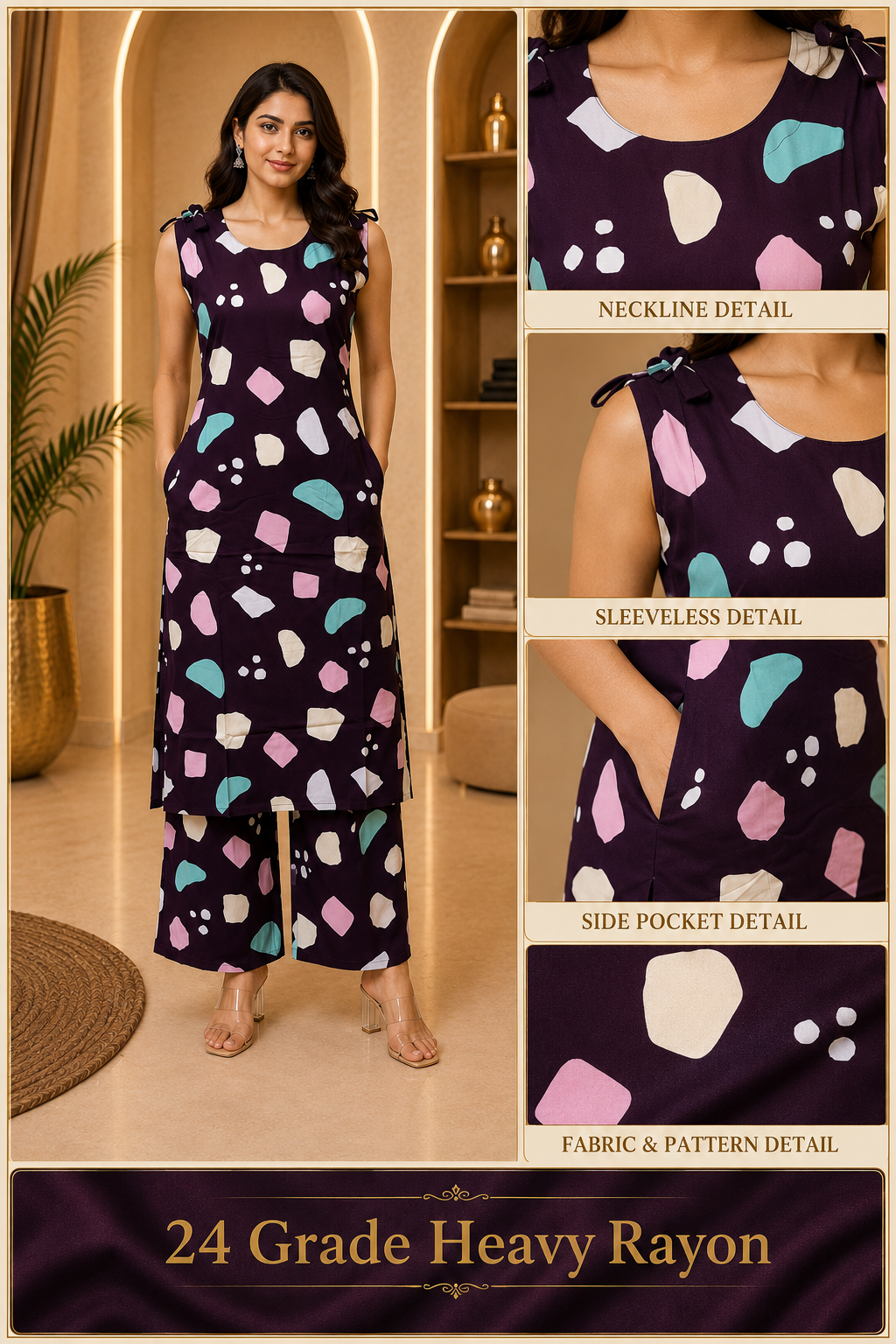 Deep Plum 24 Grade Heavy Rayon Printed Co-ord Set