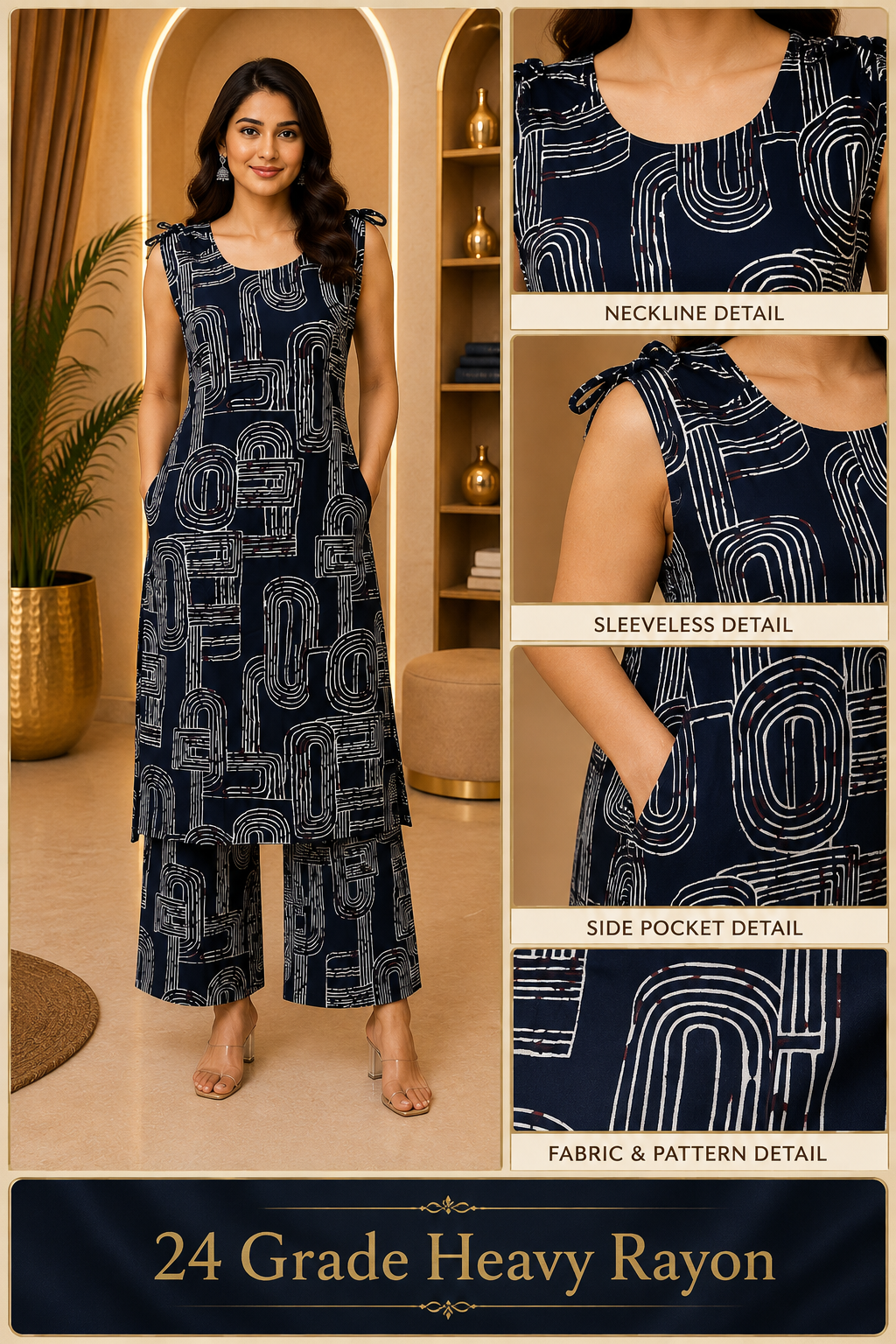 Navy Blue 24 Grade Heavy Rayon Printed Co-ord Set