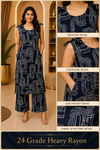 Navy Blue 24 Grade Heavy Rayon Printed Co-ord Set