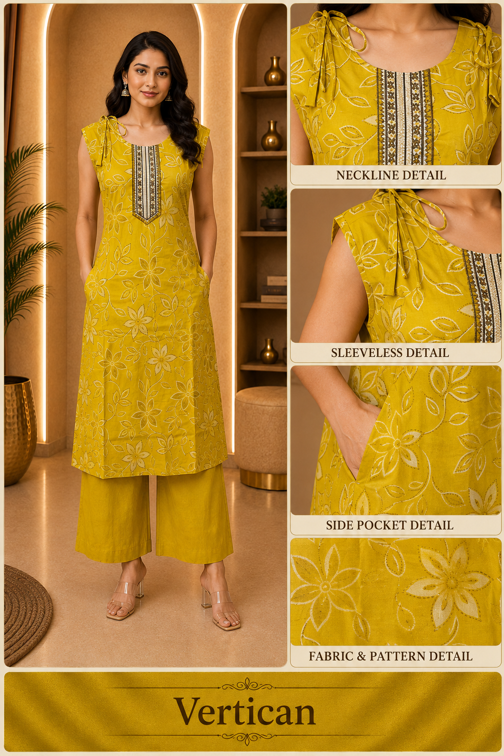 Mustard Yellow Floral Vertican Co-ord Set with Side Pockets