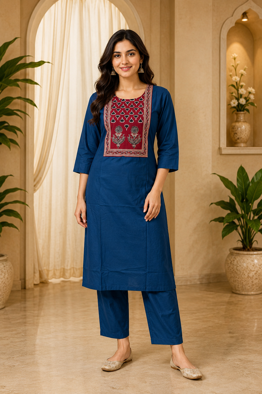 Navy Blue Dabu Cotton 2-Piece Co-Ord Set with Printed Front Panel