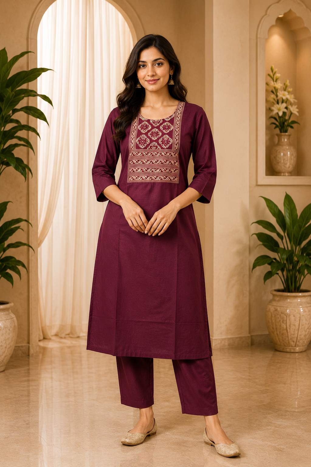 Wine Dabu Cotton 2-Piece Co-Ord Set with Printed Front Panel