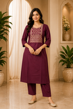 Wine Dabu Cotton 2-Piece Co-Ord Set with Printed Front Panel
