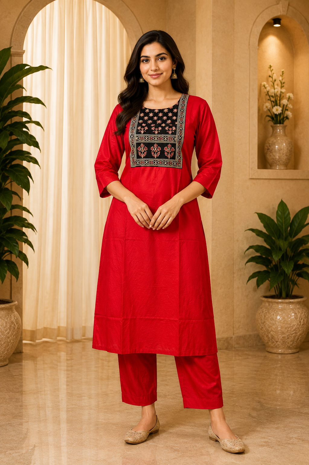 Red Dabu Cotton 2-Piece Co-Ord Set with Printed Front Panel