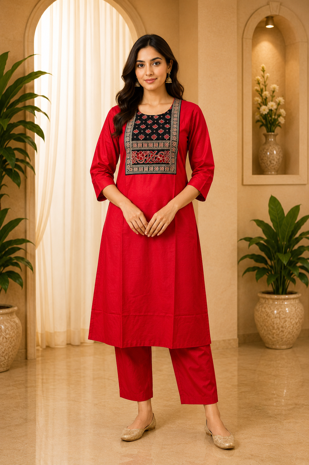 Red Dabu Cotton 2-Piece Co-Ord Set with Printed Yoke Detailing