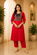Red Dabu Cotton 2-Piece Co-Ord Set with Printed Yoke Detailing