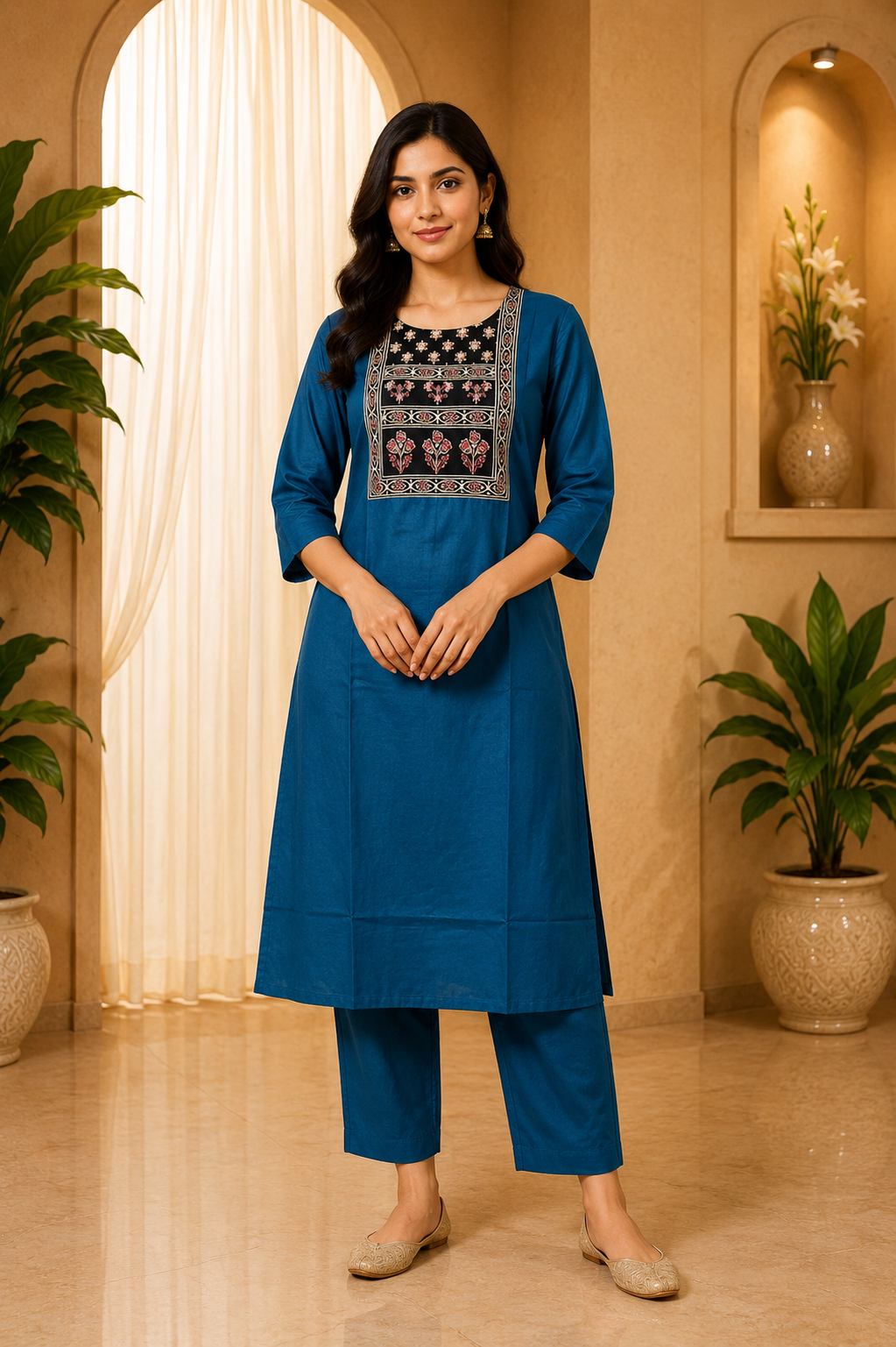 Teal Blue Dabu Cotton 2-Piece Co-Ord Set with Detailed Front Panel