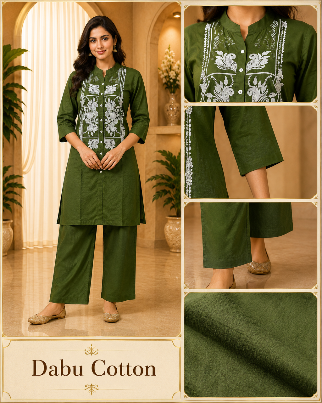 Olive Green Dabu Cotton 2-Piece Co-Ord Set with Hand Work