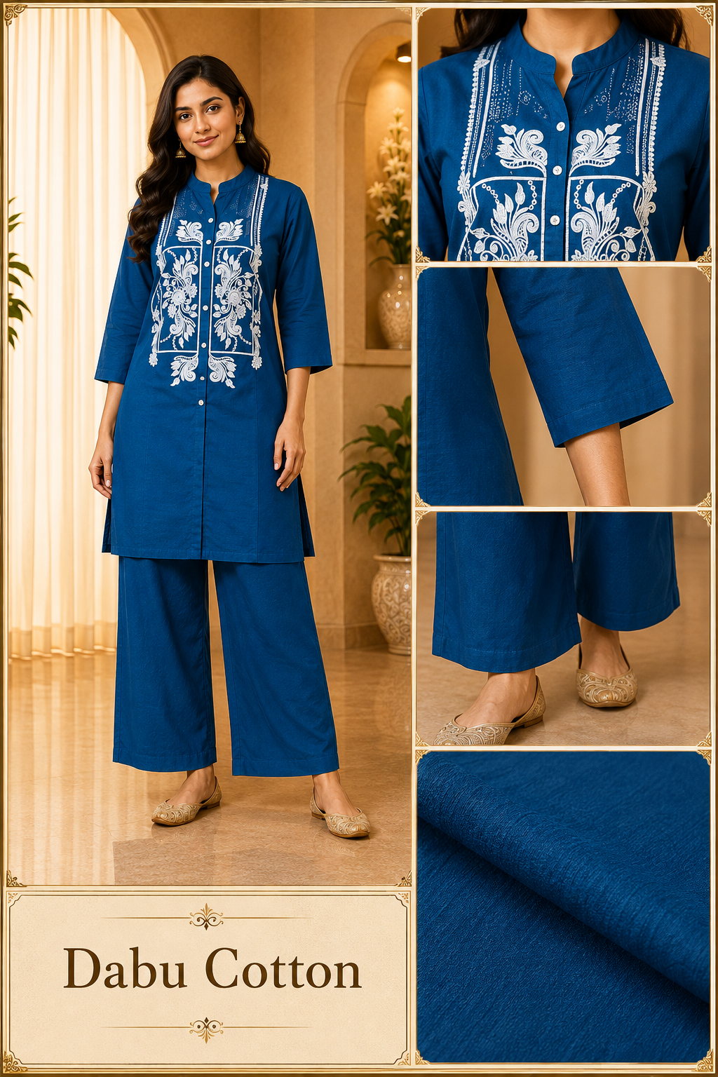 Royal Blue Dabu Cotton 2-Piece Co-Ord Set with Hand Work Embroidery