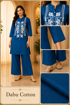 Royal Blue Dabu Cotton 2-Piece Co-Ord Set with Hand Work Embroidery
