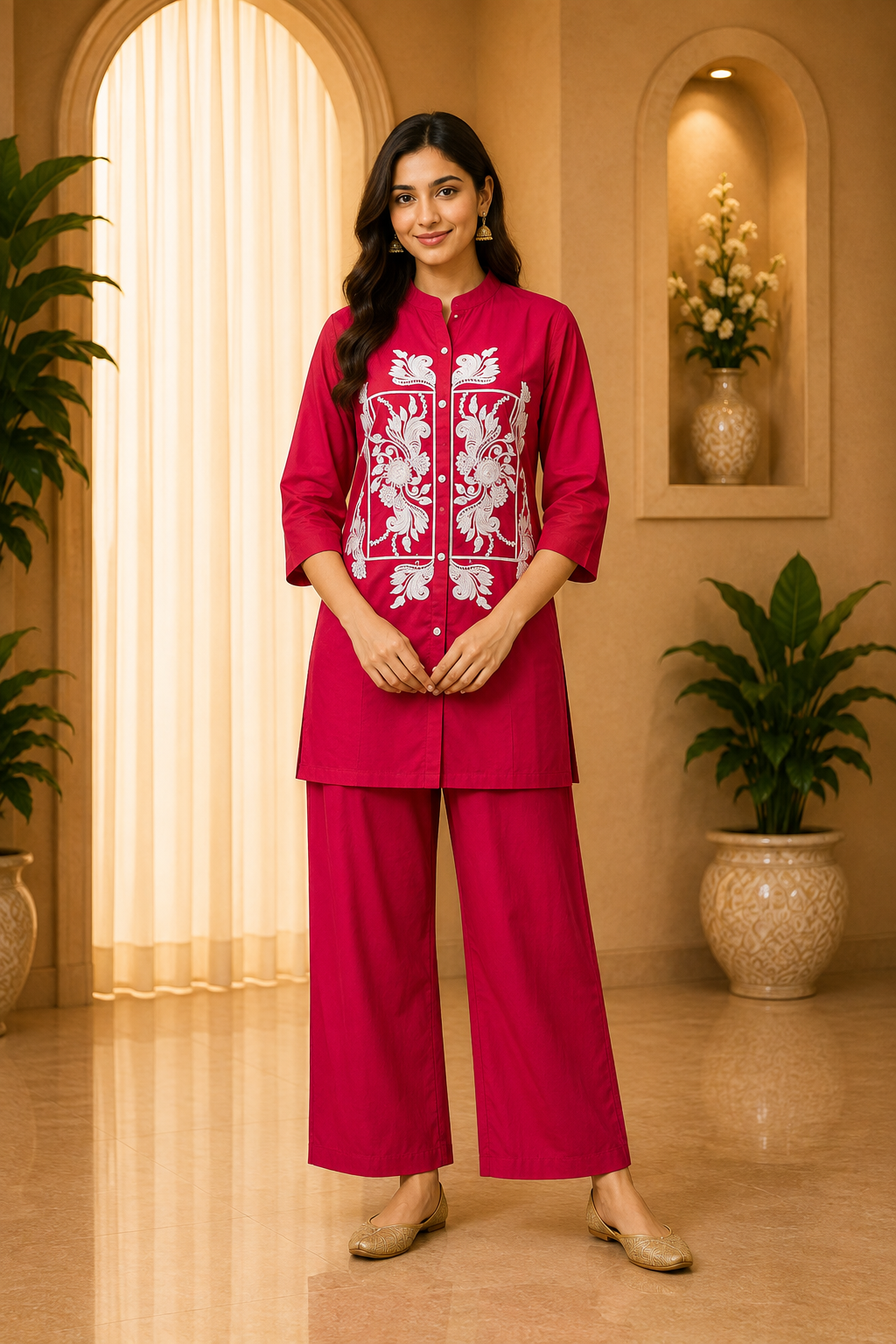 Magenta Dabu Cotton 2-Piece Co-Ord Set with Hand Work Embroidery