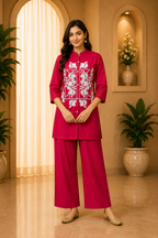 Magenta Dabu Cotton 2-Piece Co-Ord Set with Hand Work Embroidery