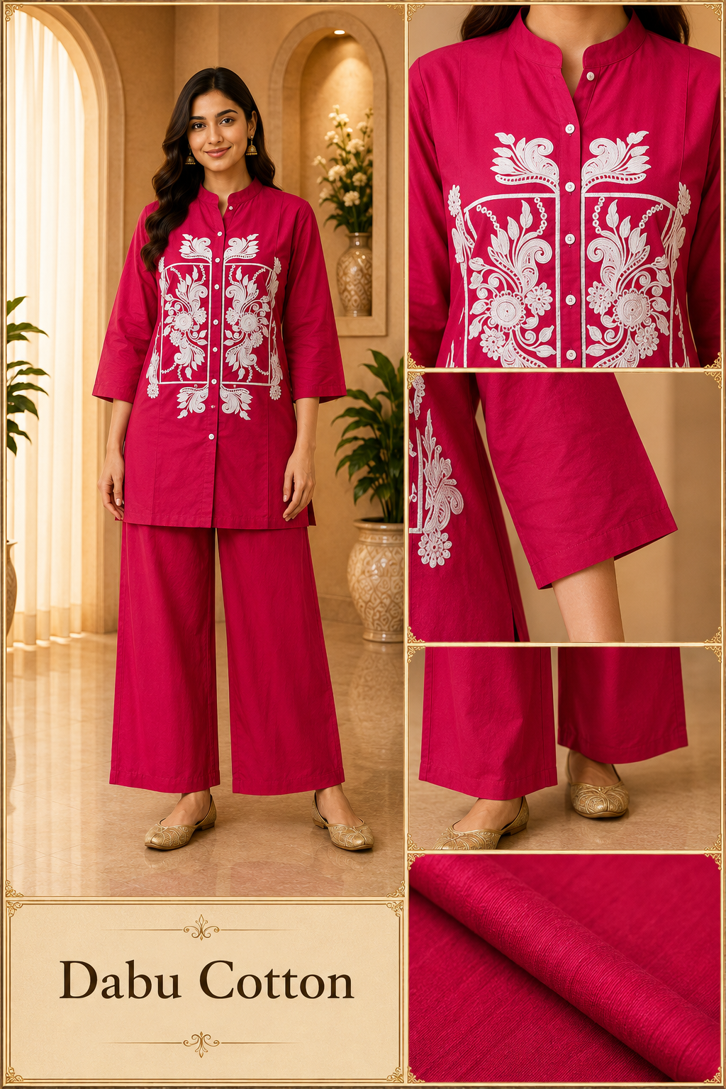 Magenta Dabu Cotton 2-Piece Co-Ord Set with Hand Work Embroidery