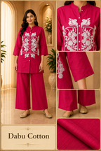 Magenta Dabu Cotton 2-Piece Co-Ord Set with Hand Work Embroidery