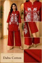 Red Dabu Cotton 2-Piece Co-Ord Set with Hand Work Embroidery
