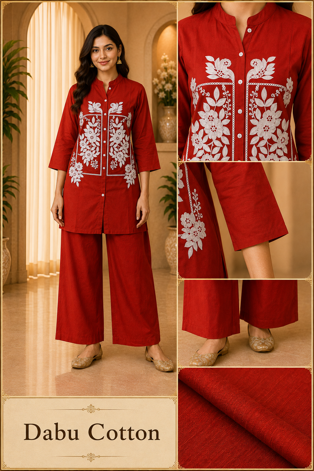 Red Dabu Cotton 2-Piece Co-Ord Set with Hand Work Embroidery