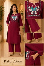 Burgundy Dabu Cotton 2-Piece Co-Ord Set with Hand Work Embroidery