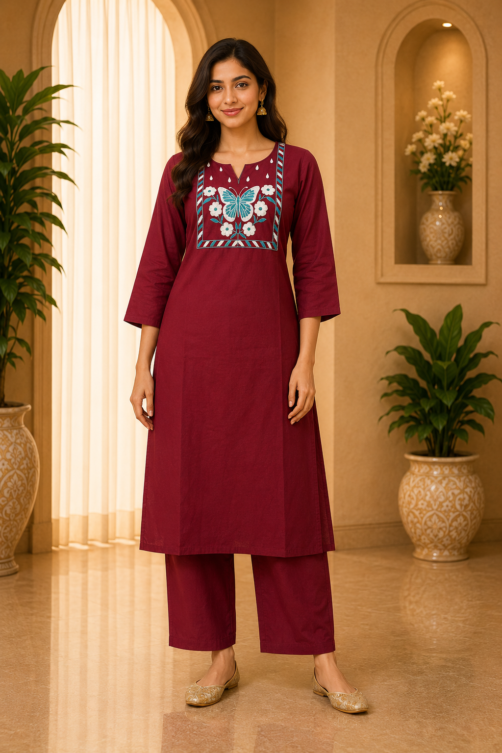 Burgundy Dabu Cotton 2-Piece Co-Ord Set with Hand Work Embroidery