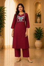 Burgundy Dabu Cotton 2-Piece Co-Ord Set with Hand Work Embroidery