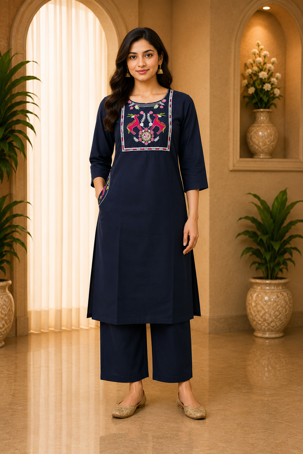 Navy Blue Dabu Cotton 2-Piece Co-Ord Set with Hand Work Embroidery