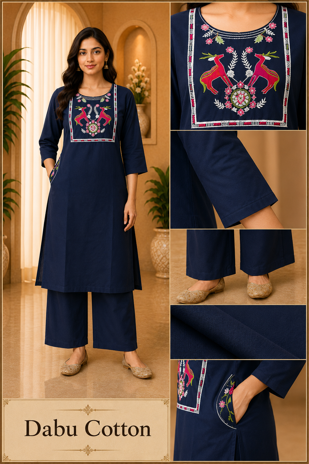 Navy Blue Dabu Cotton 2-Piece Co-Ord Set with Hand Work Embroidery