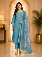 Elegant Teal Blue Vertican 3-Piece Ethnic Suit Set